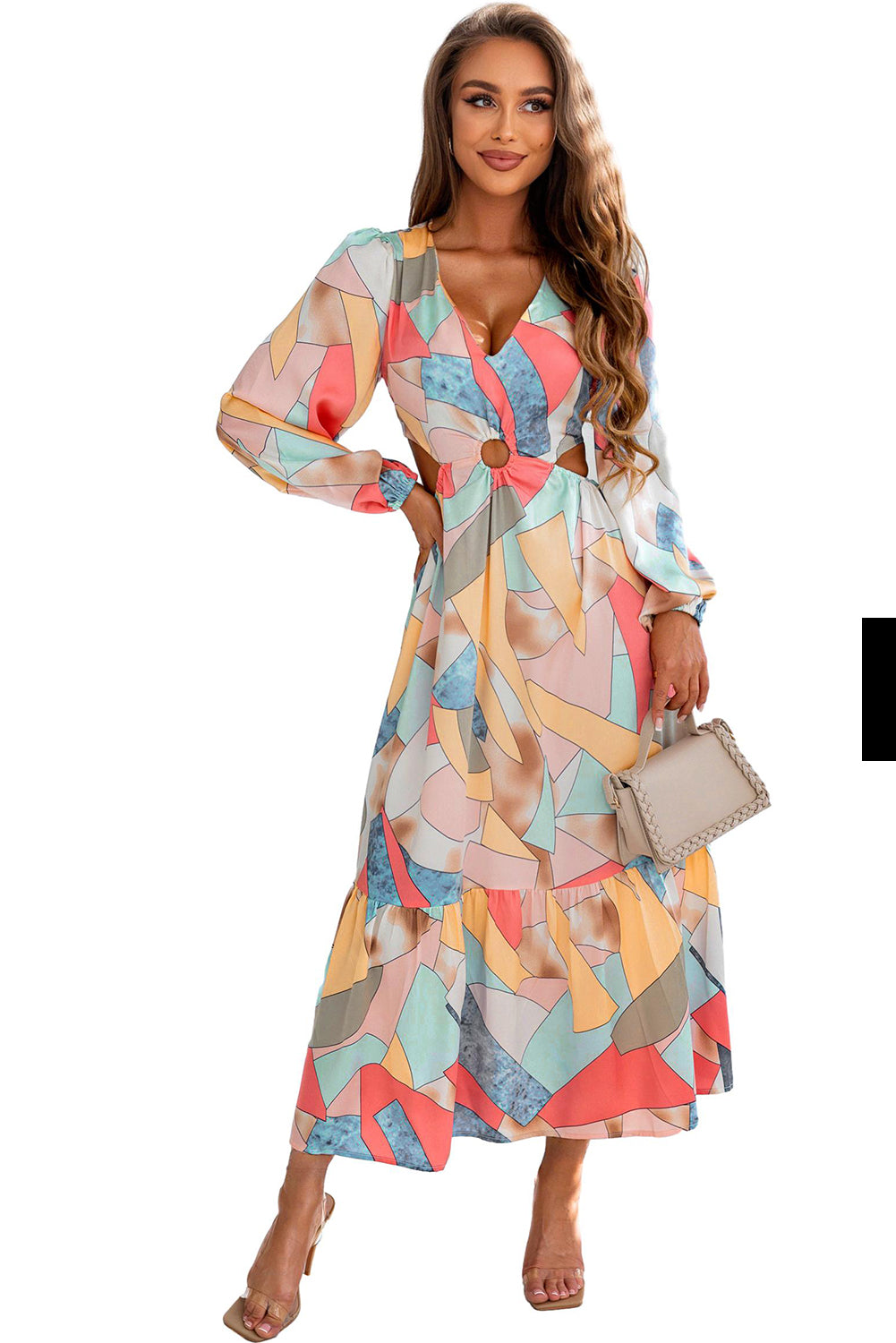 Multicolor Abstract Print O-ring Cut out Long Sleeve Maxi Dress