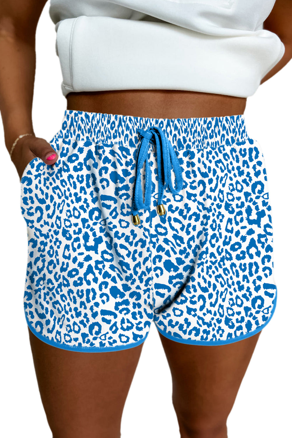 Blue Leopard Elastic Waistband Lace up Contrast Trim Casual Shorts