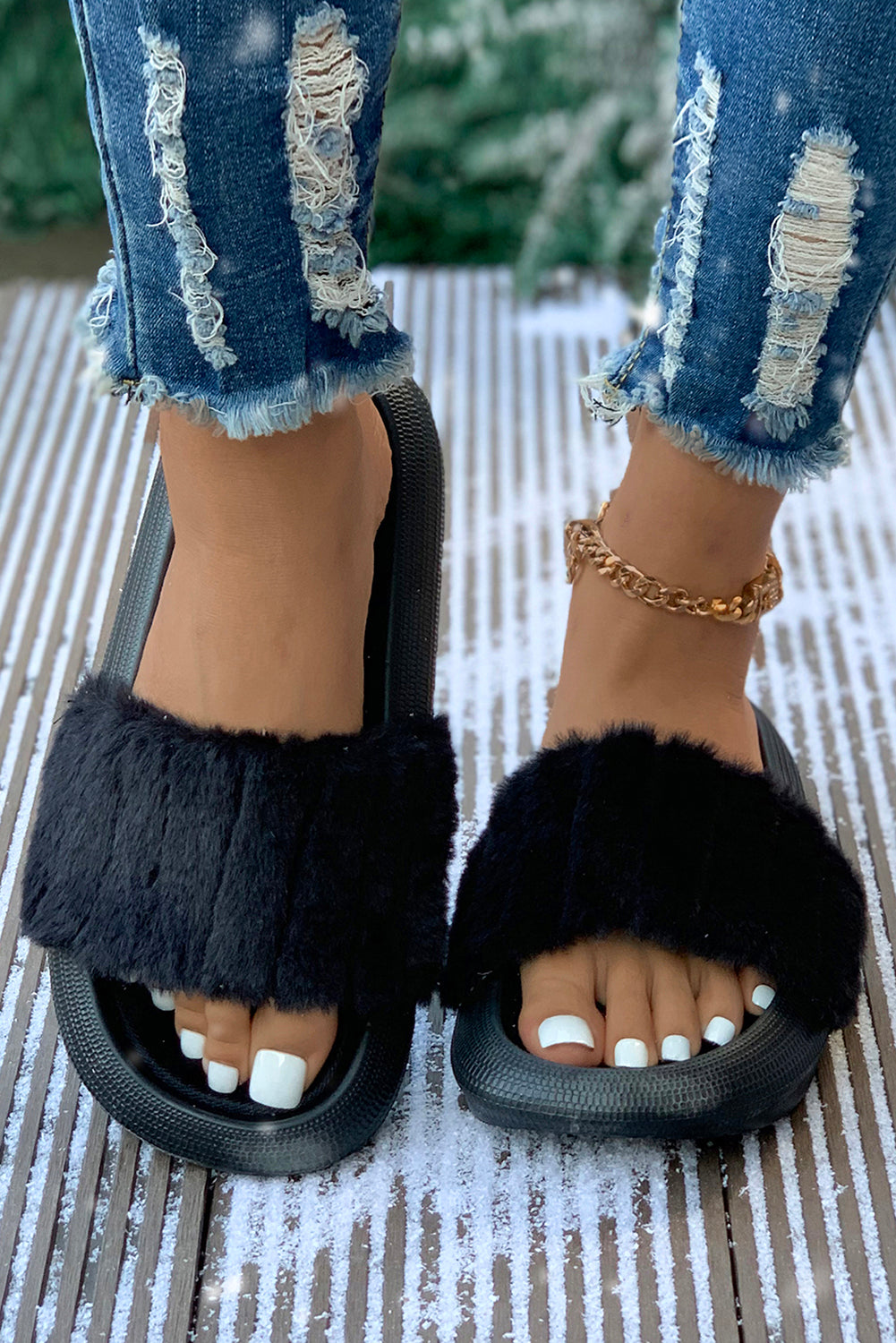 Black Plush Band Comfy Home Slippers