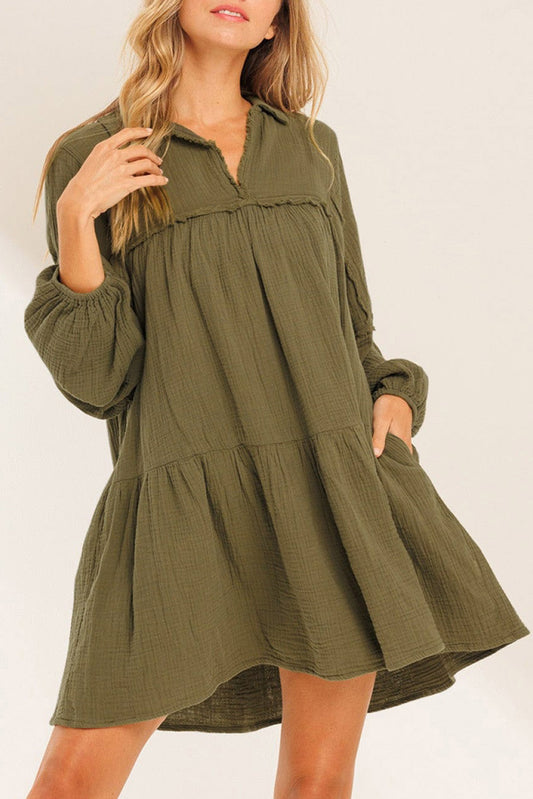 Green Frayed Trim Split Neck Puff Sleeve Flared Dress