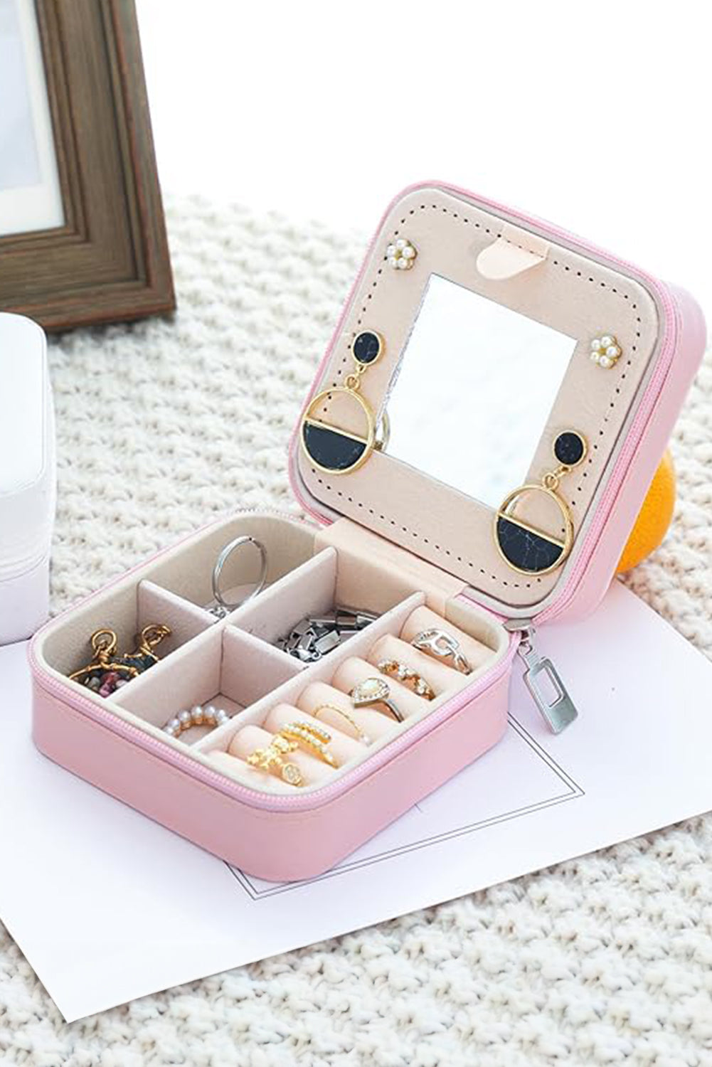 Pink Chenille A Graphic Jewelry Case with Mirror