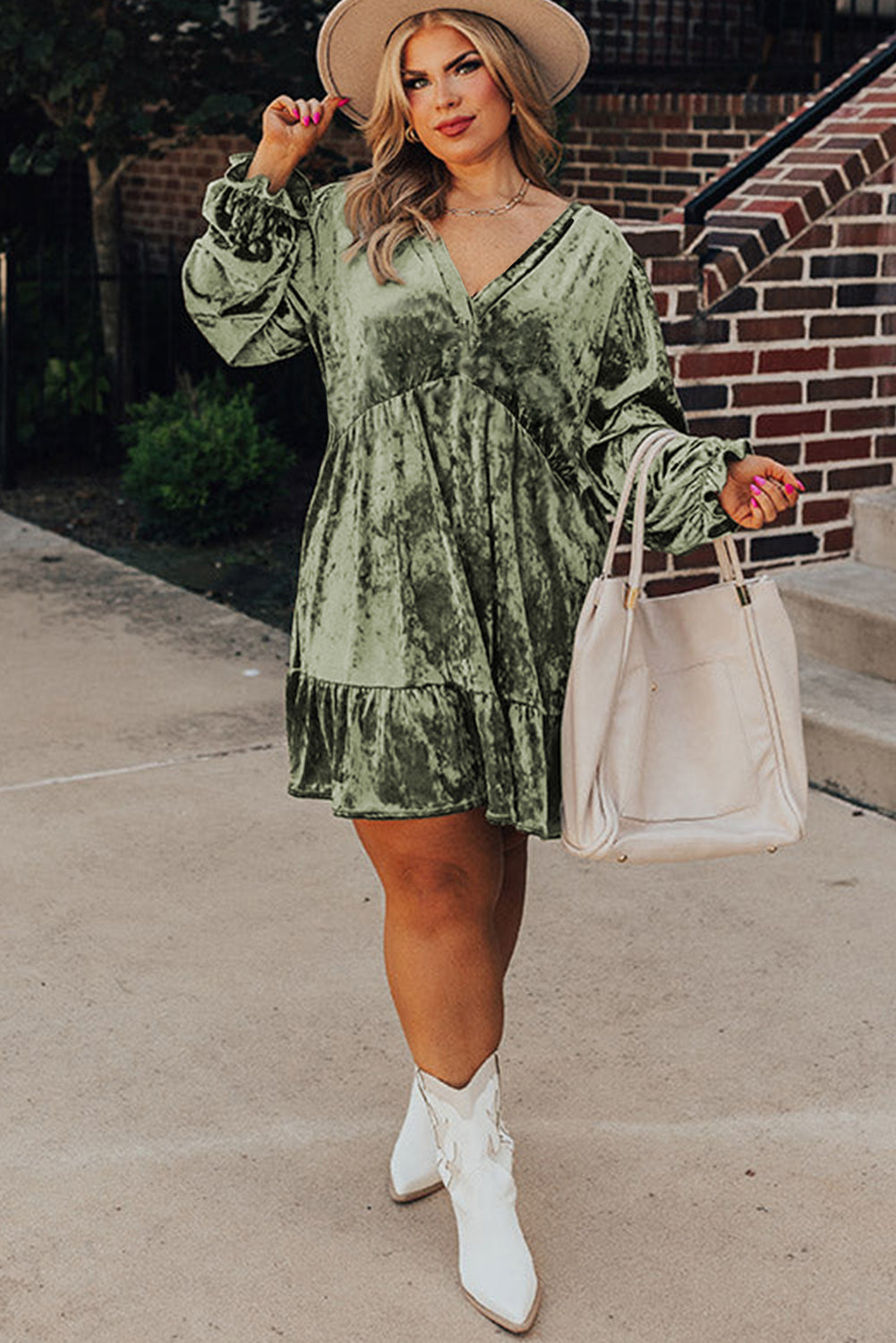 Jungle Green Plus Size Velvet Babydoll Mini Dress with Puff Sleeve Emmeline's Fashion Jungle Green Plus Size Velvet Babydoll Mini Dress with Puff Sleeve Emmeline's Fashion