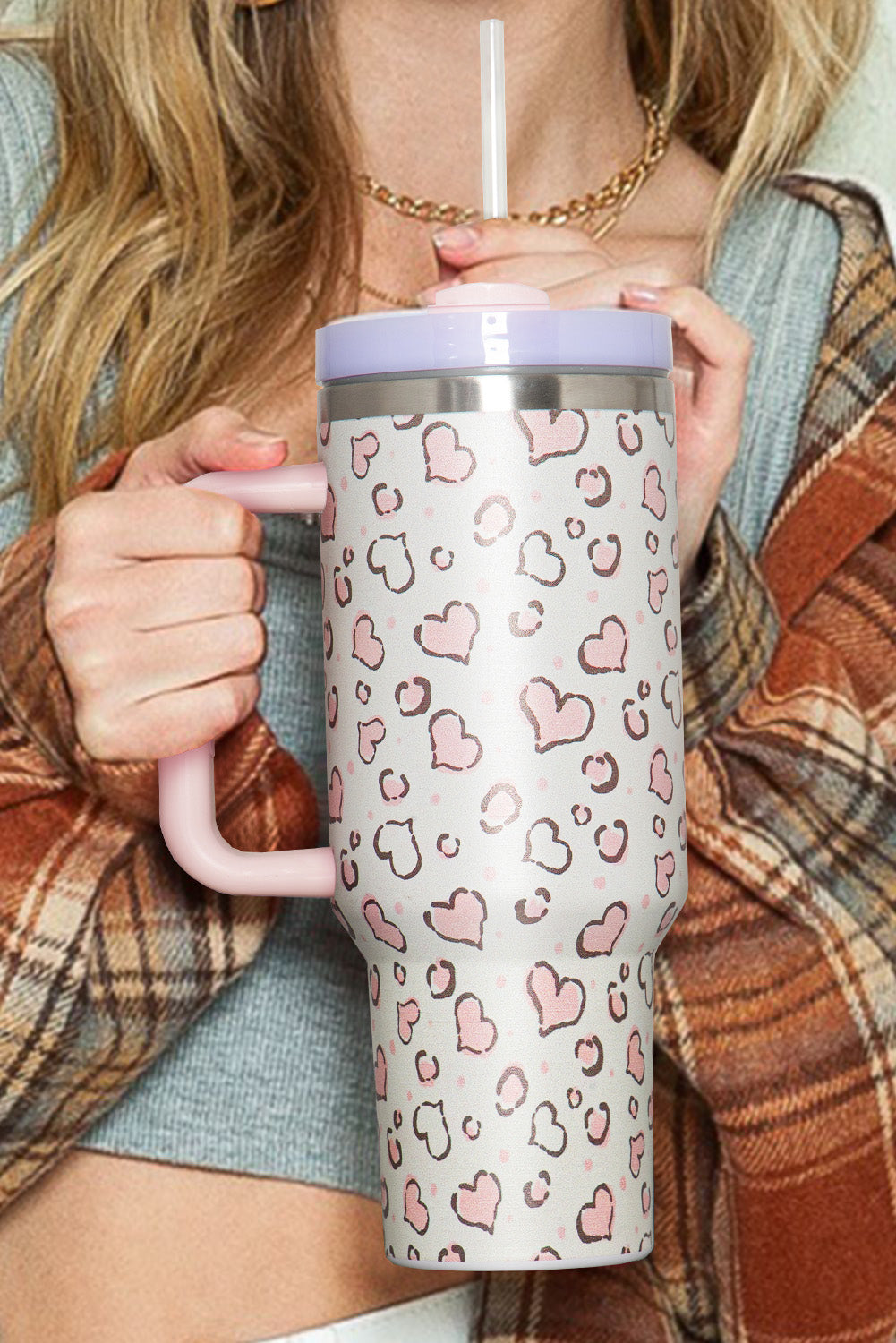 White Heart Shaped Print Handle Stainless Portable Cup 40oz