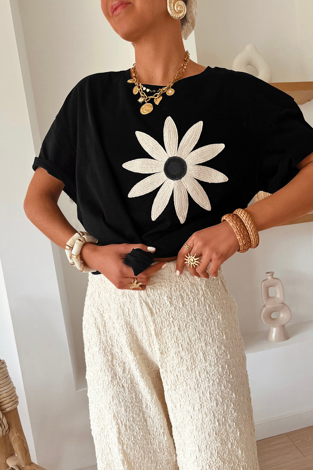 Black Contrast Crochet Floral Graphic Drop Shoulder Loose Tee