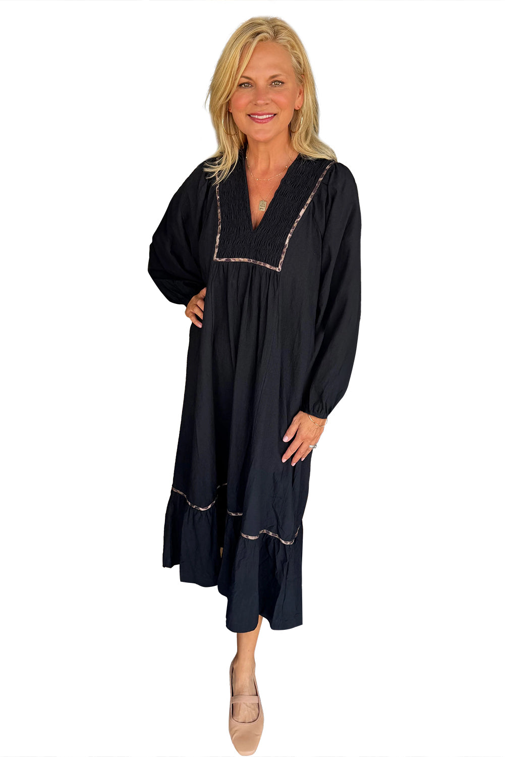 Black Collared V Neck Smocked Detail Contrast Leopard Trim Bracelet Sleeve Long Dress