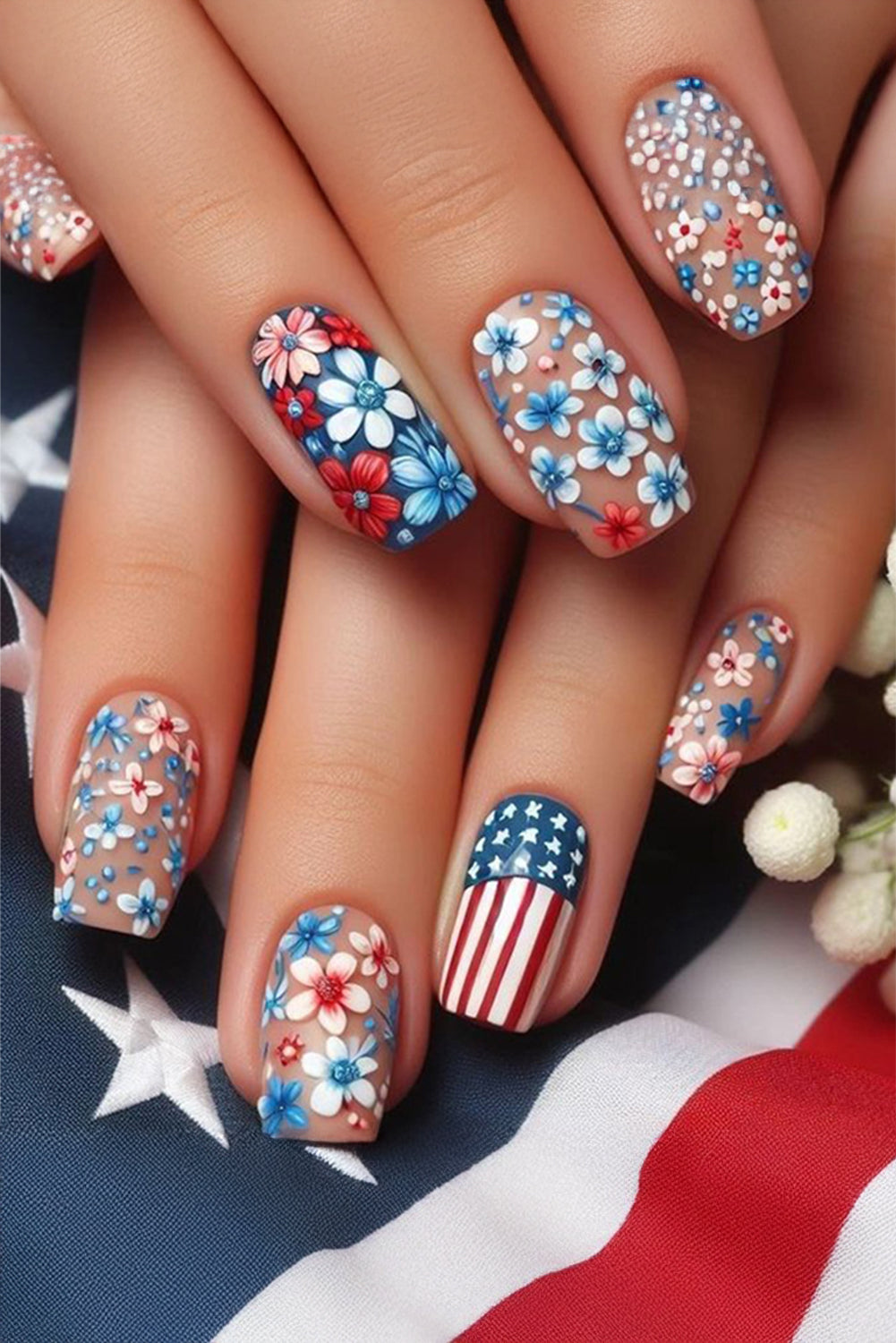 Sky Blue American Flag Flower Print Square False Nails