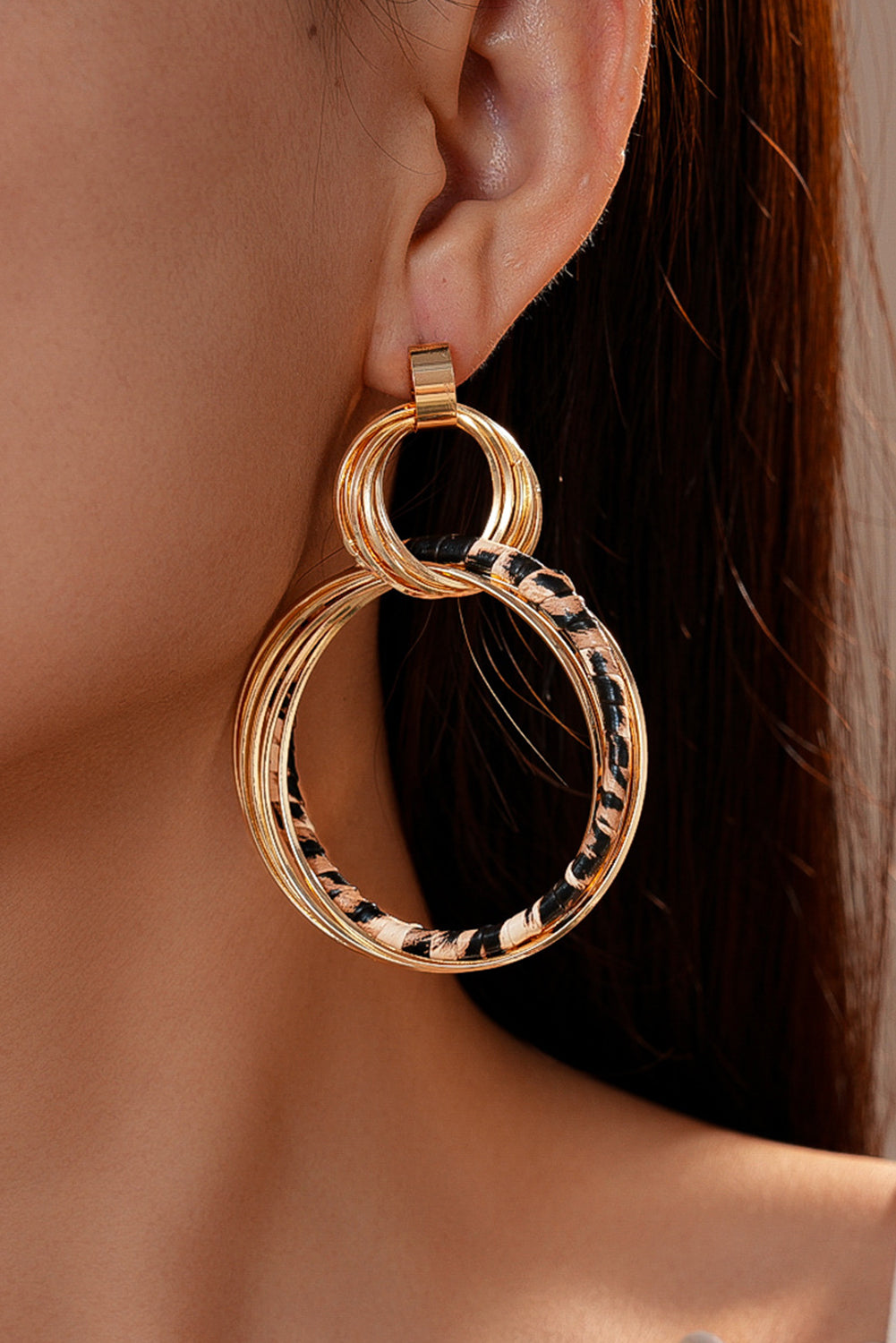 Gold Multi Hoop Leopard Detail Boho Fashion Earrings