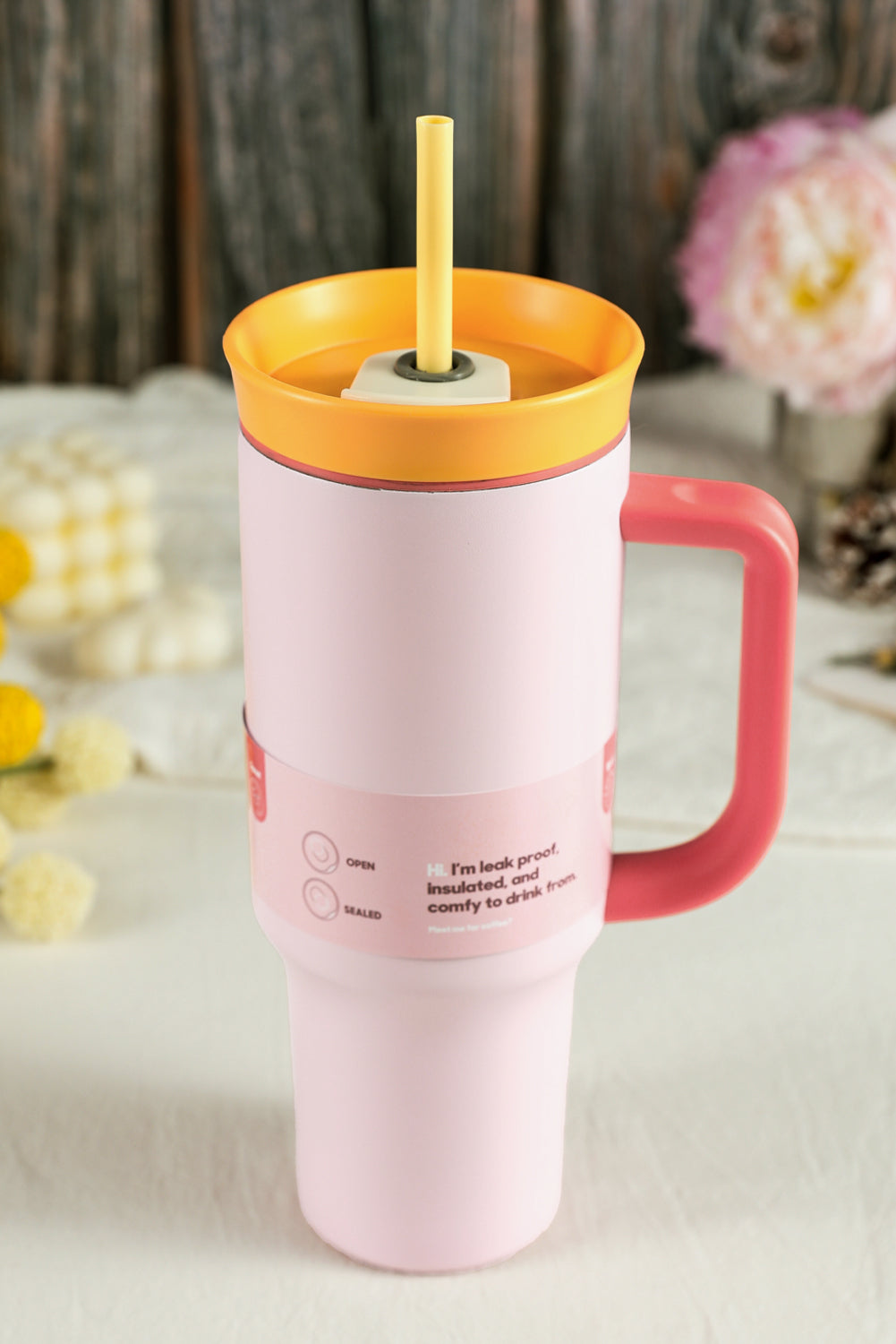 Light Pink Color Block Handle Lid Stainless Steel Insulation Tumbler with Straw