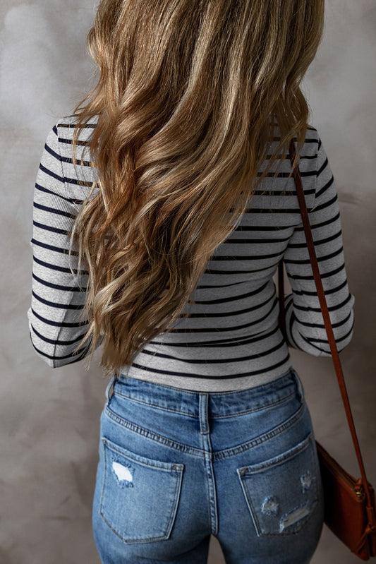 Medium Grey Slim Fit Buttoned V Neck Long Sleeve T Shirt