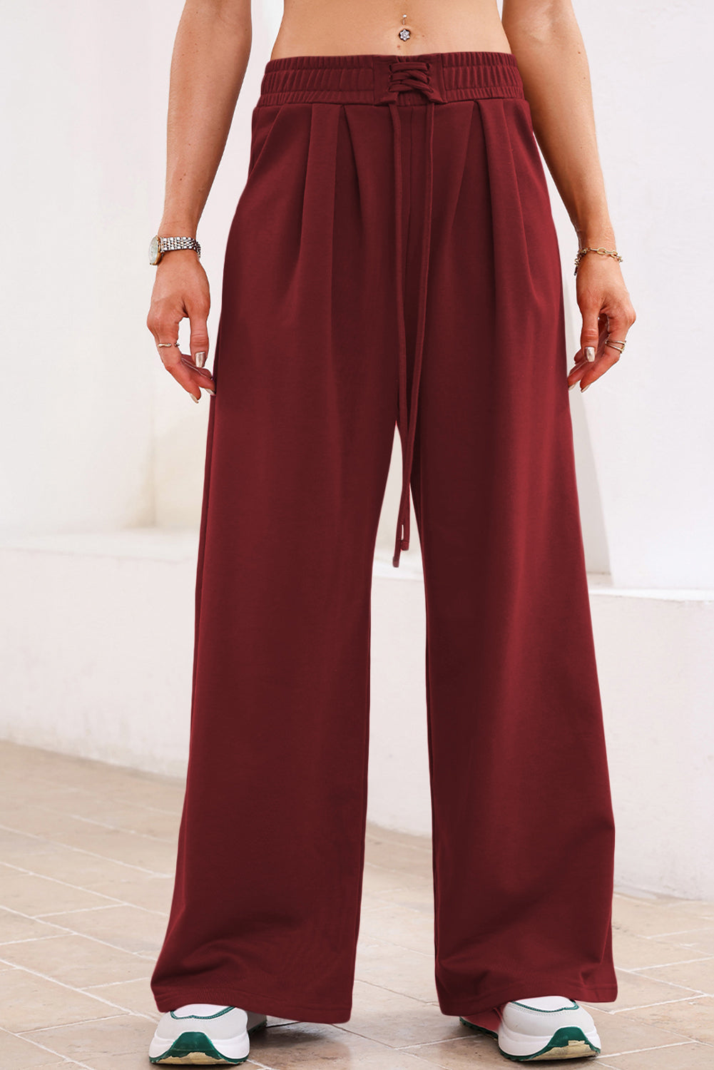 Burgundy Tied Elastic High Waist Pleated Detail Solid Sweatpants