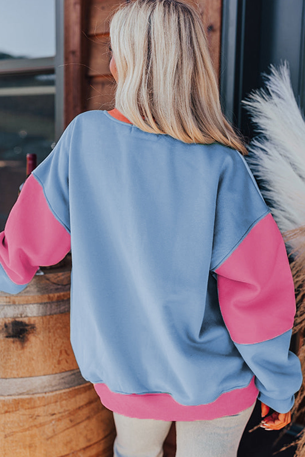 Bright Pink Colorblock Patchwork Drop Shoulder Sweatshirt