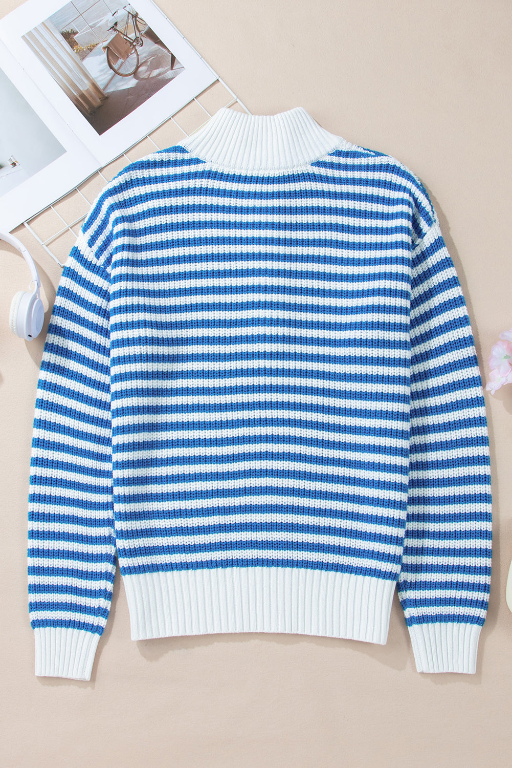 Sky Blue Stripe Zip up Collar Drop Shoulder Sweater