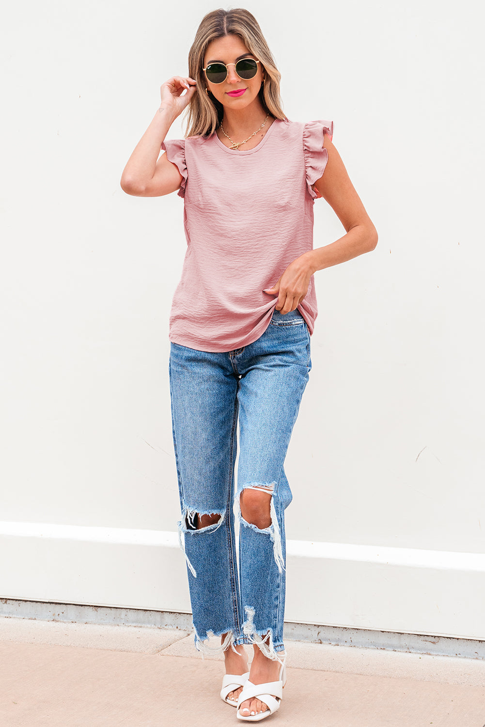 Blossom Bow Knot Decor Open Back Flutter Sleeve Blouse