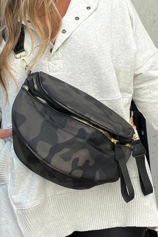 Vineyard Green Camouflage Print Gold Chain Strap Double Zipper Crossbody Bag