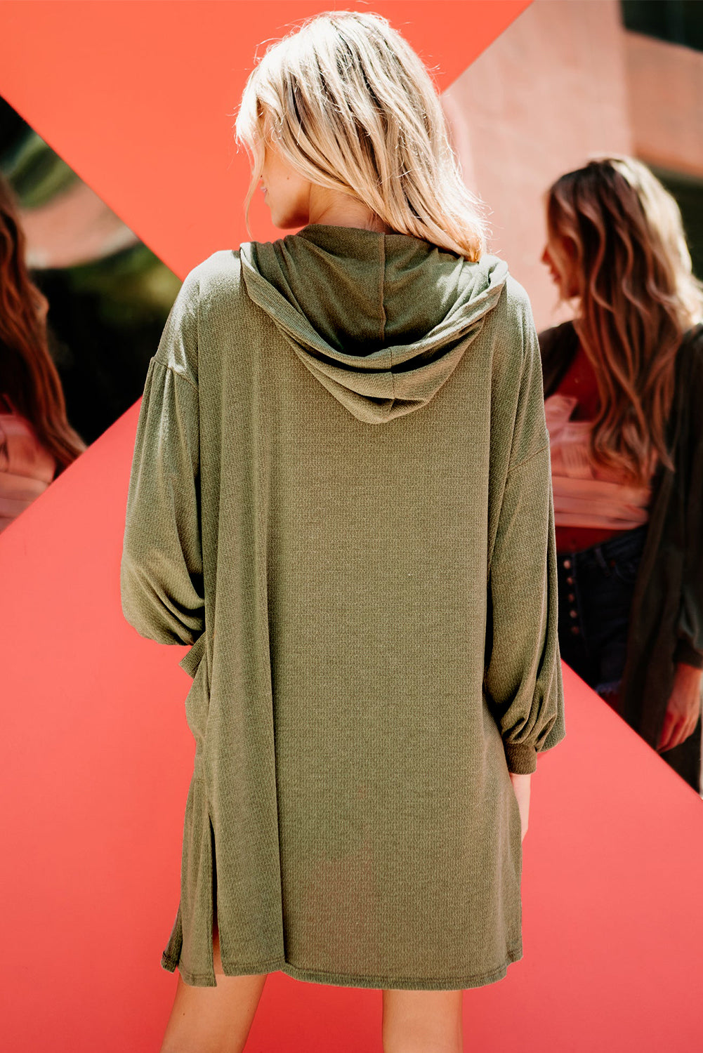 Guacamole Green Hooded Side Split Open Cardigan with Pocket