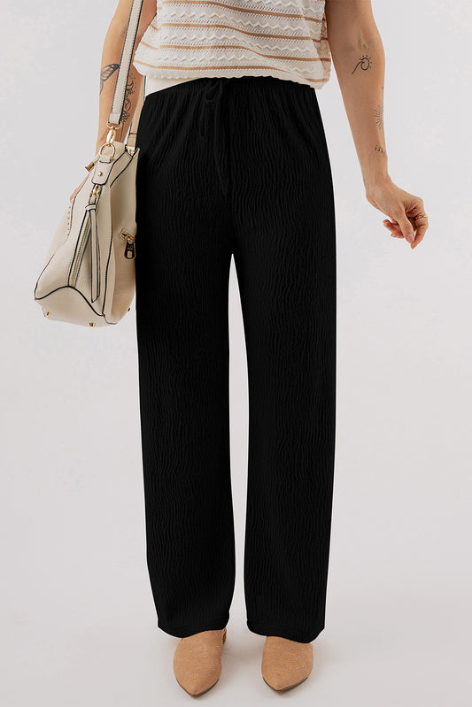 Black Textured Loose Drawstring Pants