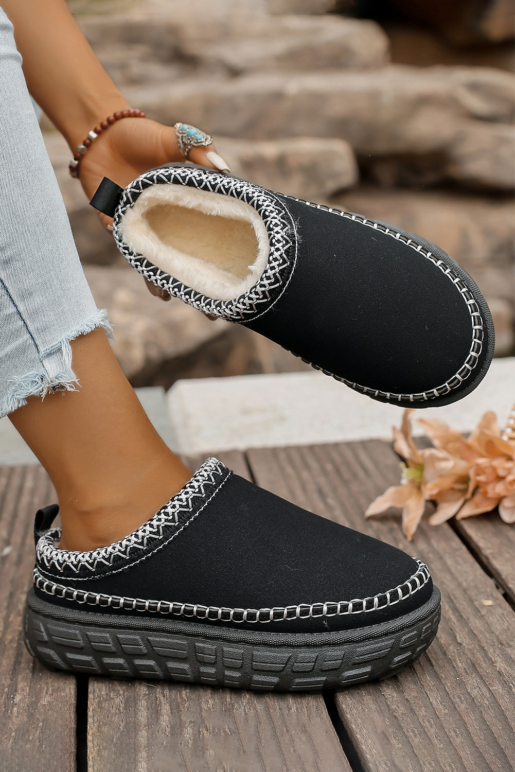 Black Contrast Stitch Detail Faux Suede PU Patchwork Plush Winter Clog Slippers