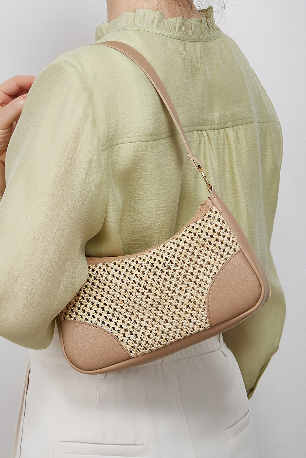 Khaki Straw Woven PU Leather Patchwork Shoulder Bag