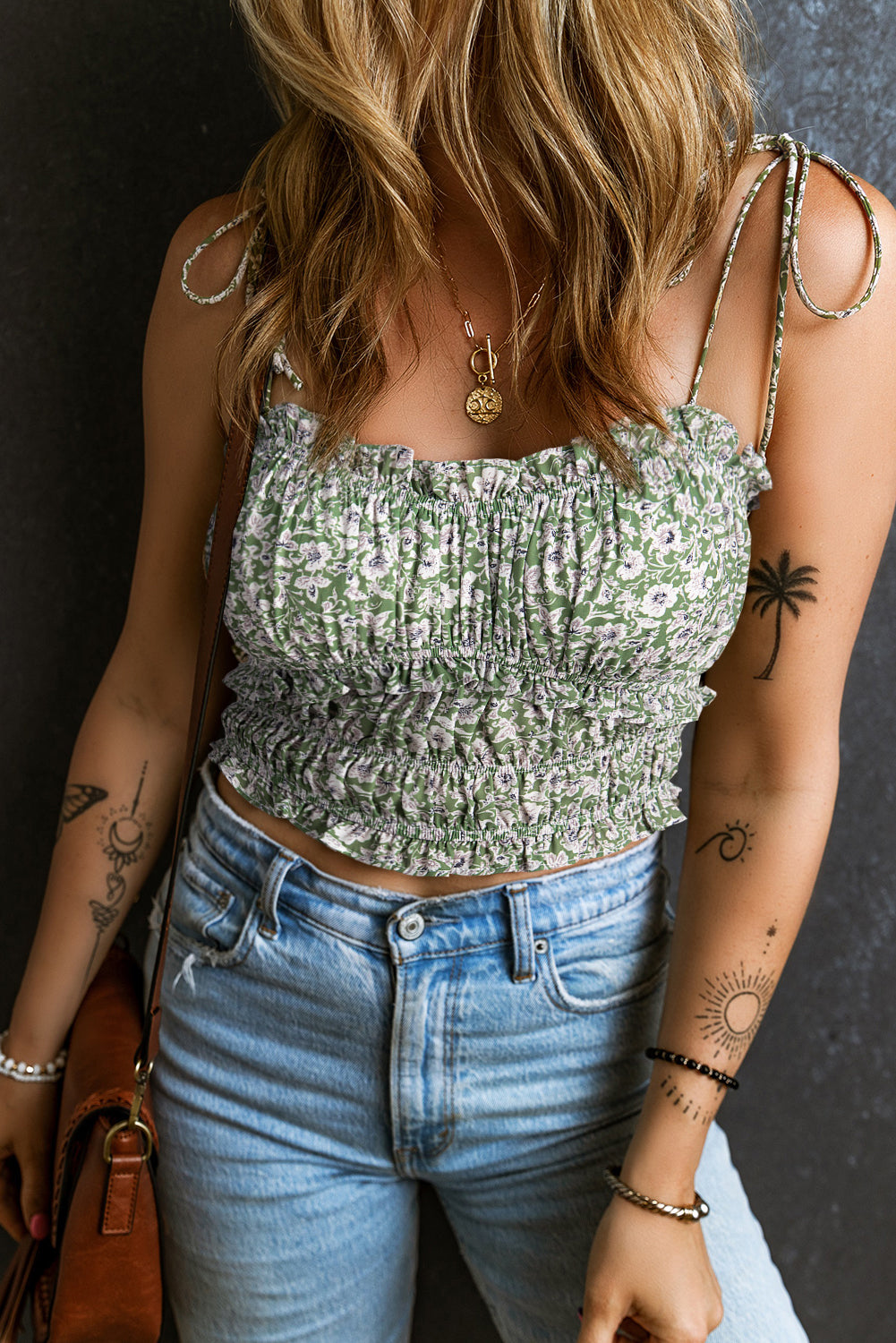 Green Floral Print Tie Spaghetti Straps Cropped Tank Top