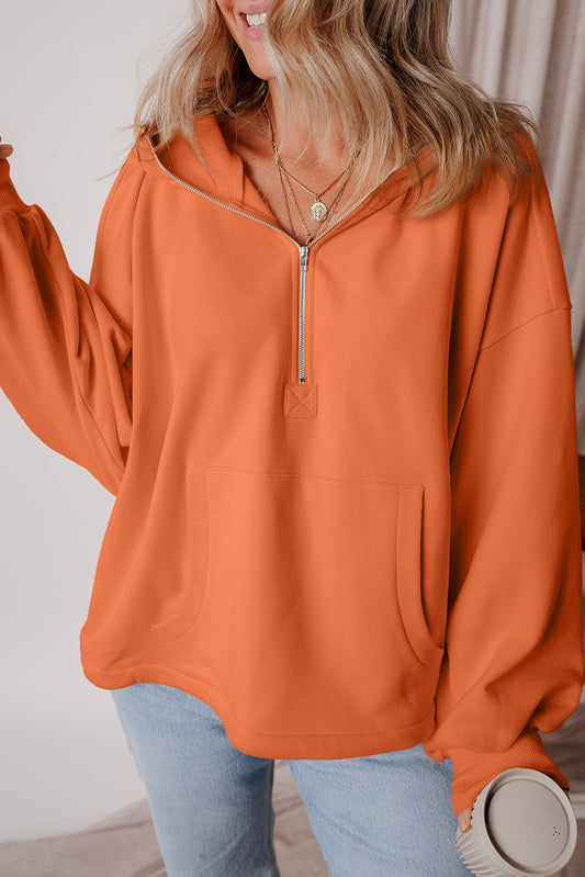 Orange Fleece Lined Half Zipper Kangaroo Pockets Loose Hoodie