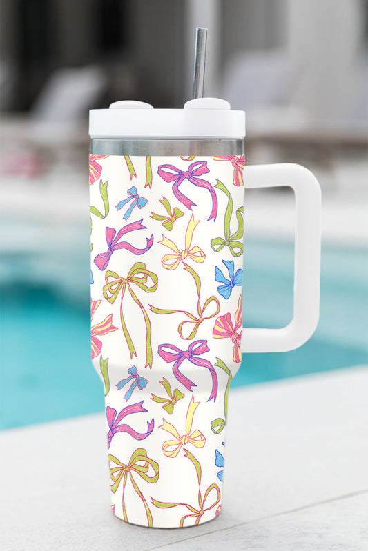 White Bow Knot Print Large Stainless Steel Vacuum Cup 40oz