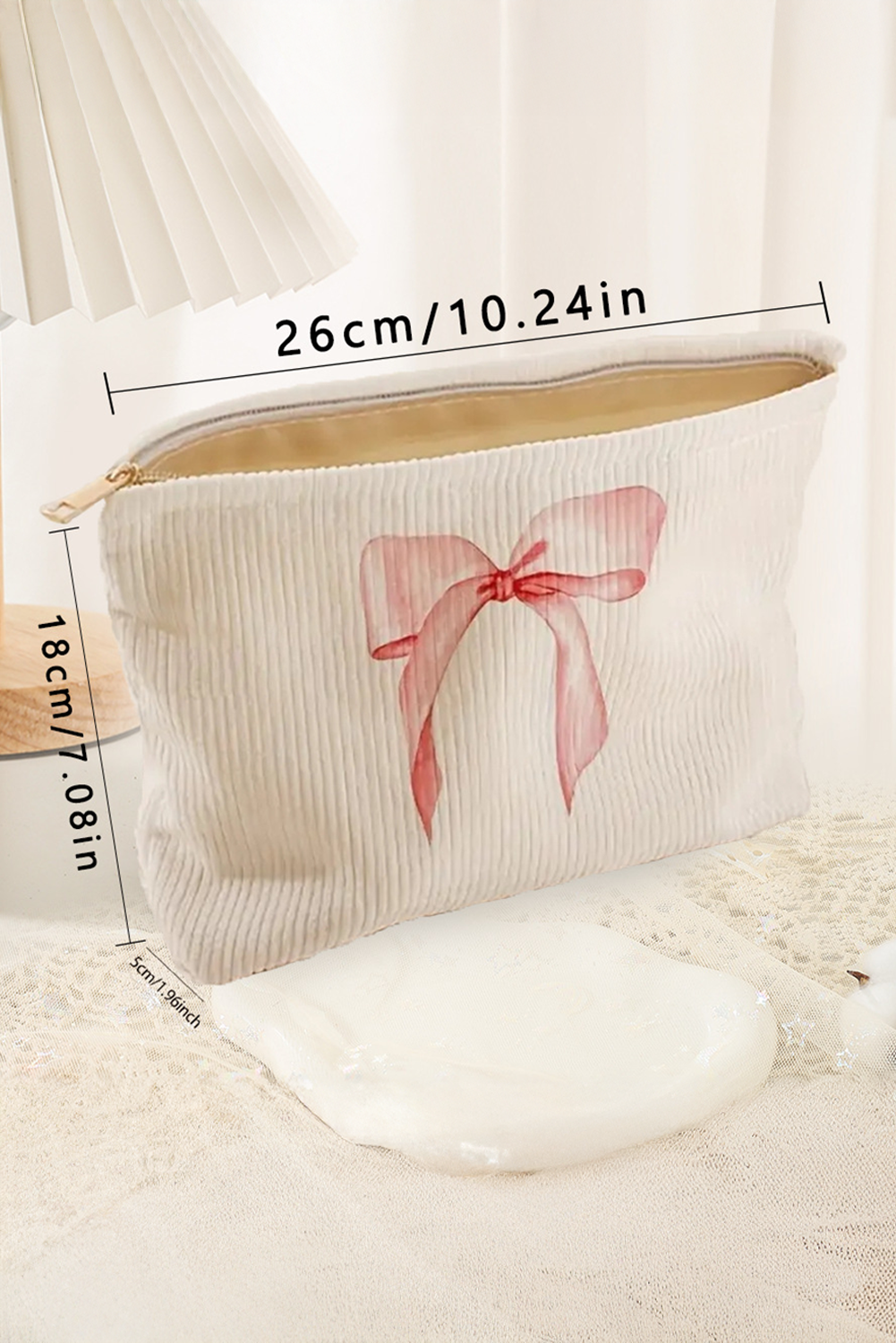 Light Pink Bowknot Pattern Print Corduroy Zipper Large Cosmetic Bag