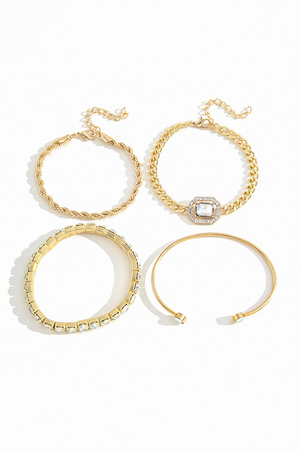 Gold 4pcs Diamond Chained Braided Bangle Bracelet Set