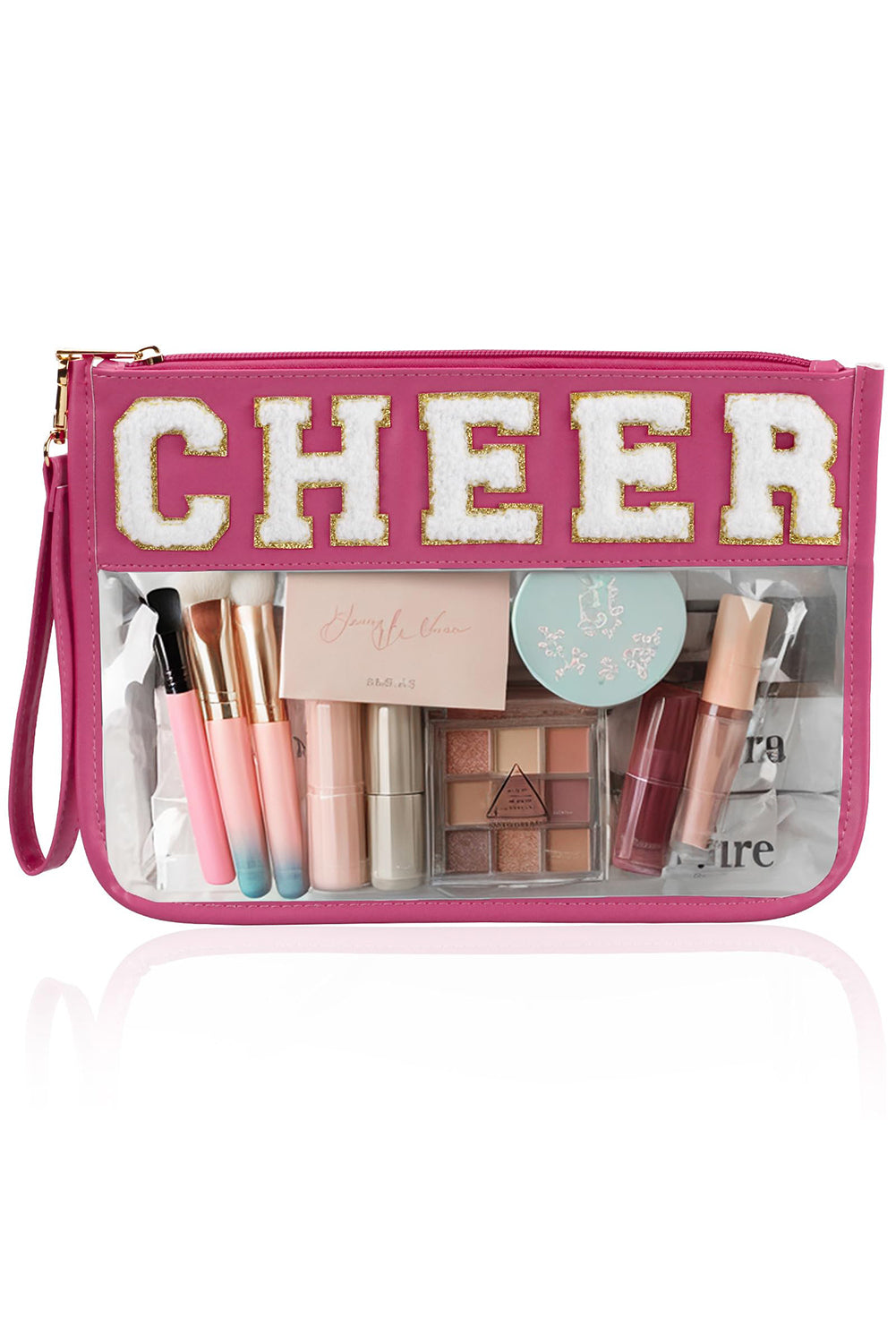Bright Pink CHEER Chenille Letter PU Leather Patchwork Clear Makeup Bag