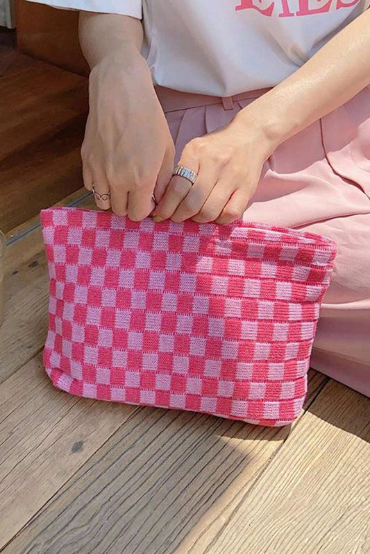 Bright Pink Checkered Print Cosmetic Bag