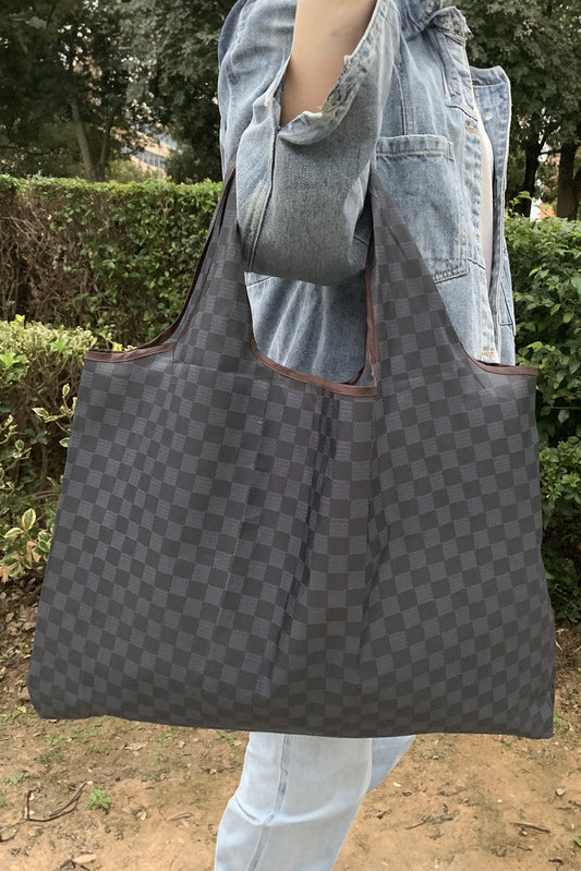 Black Trendy Checkered Pattern Large Portable Tote Bag