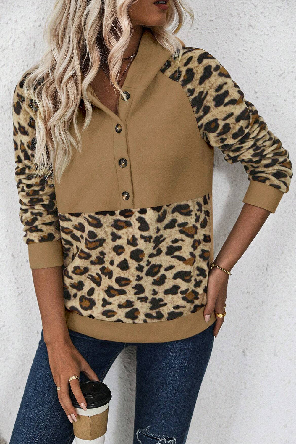 Light French Beige Leopard Print Patchwork Raglan Sleeve Half Buttons Hoodie