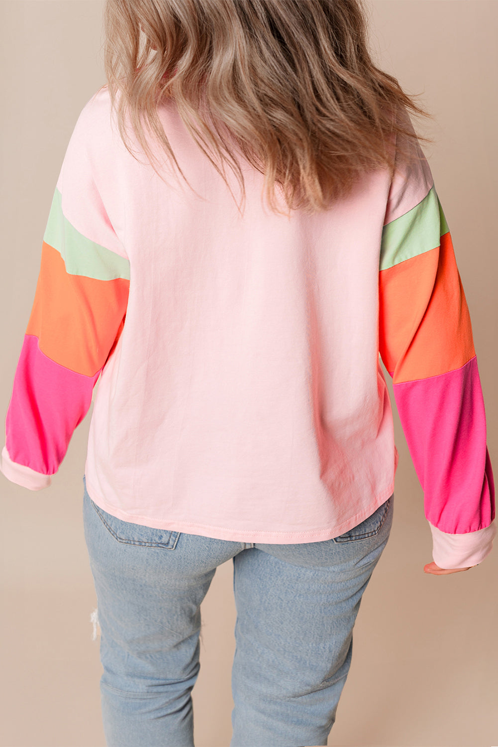 Pink Colorblock Patchwork Long Sleeve Plus Size Top