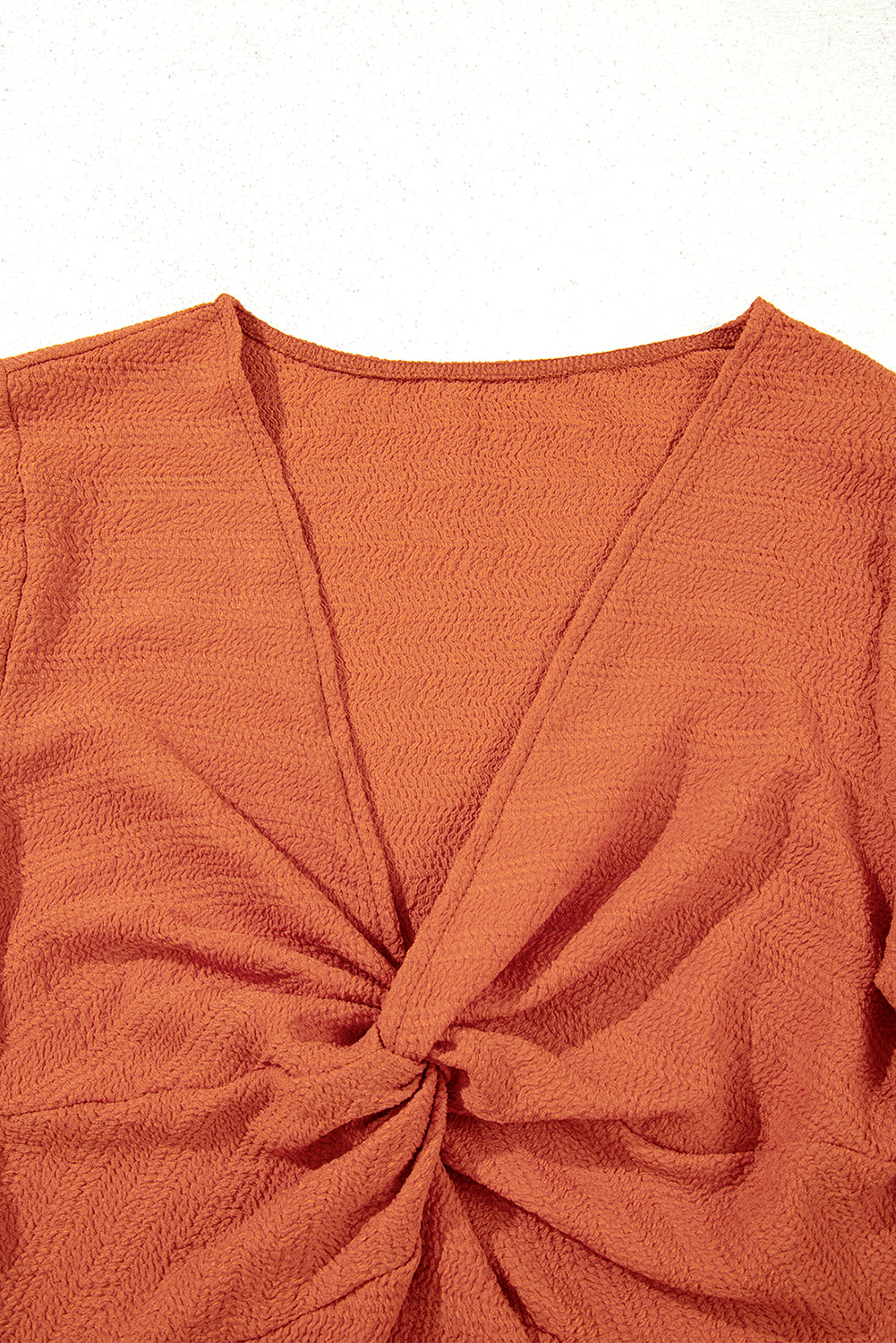 Orange Textured Twist Front V Neck Long Sleeve Slim Solid Color Top