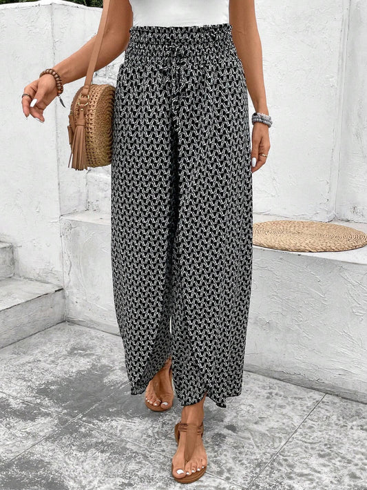 Black Bohemian Print Slit Wide Leg Smocked High Waist Pants