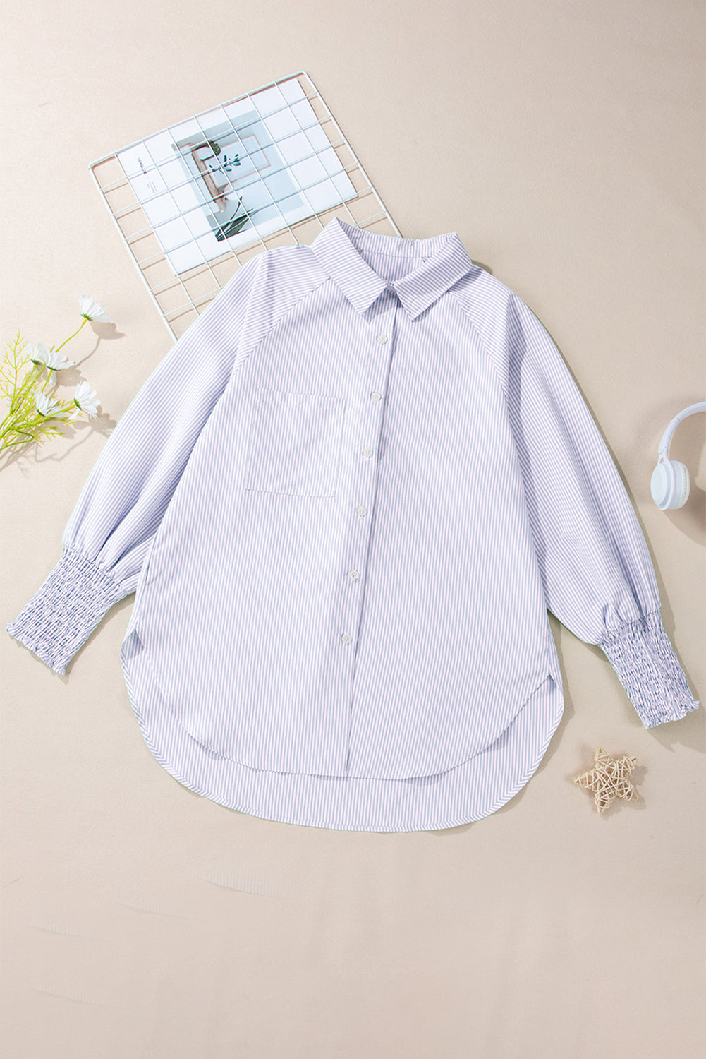 Orchid Petal Striped Shirred Cuff Buttoned Loose Fit Shirt