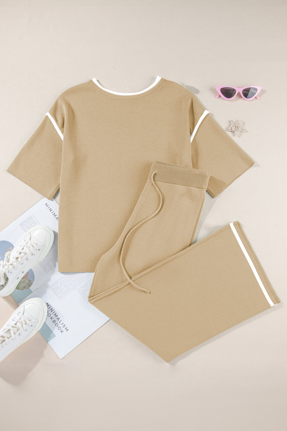 Camel Contrast Trim Half Sleeve Top Drawstring Pants Loose 2pcs Sweater Suit