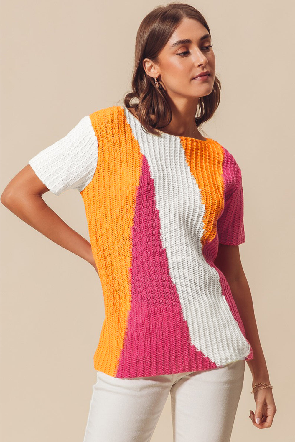 Orange Textured Knit Colorblock Short Sleeve Sweater