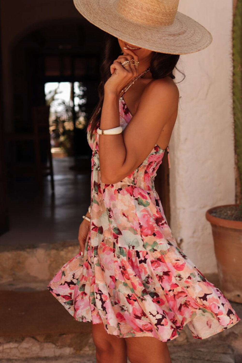 Pink Floral Sleeveless Halter Neck Shirred Back Ruffled Mini Dress