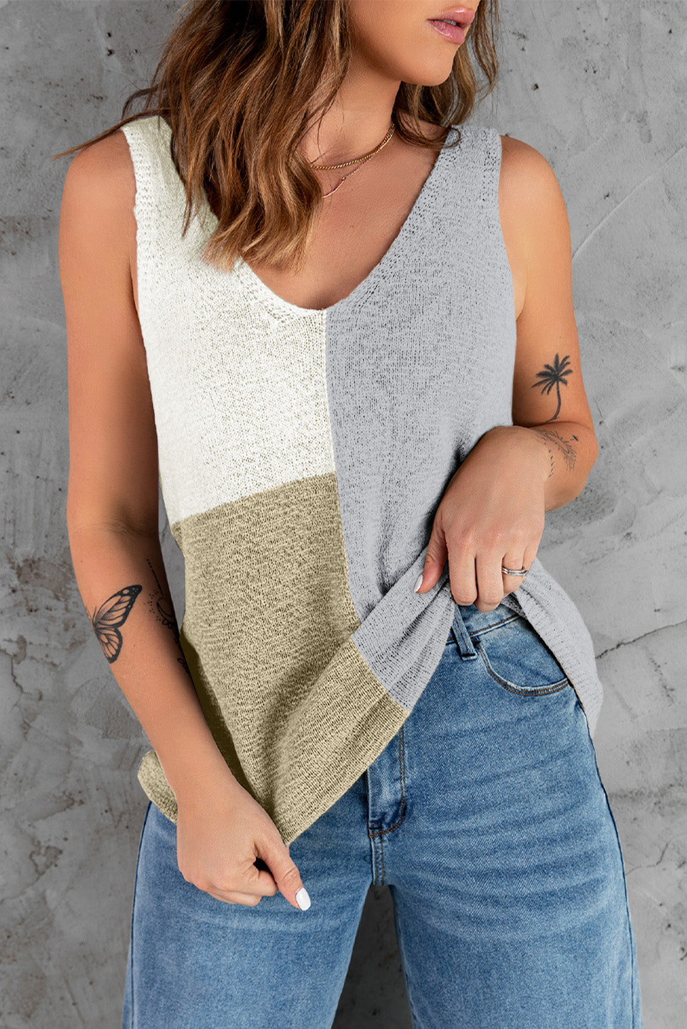 Gray Color Block Knitted Tank Top