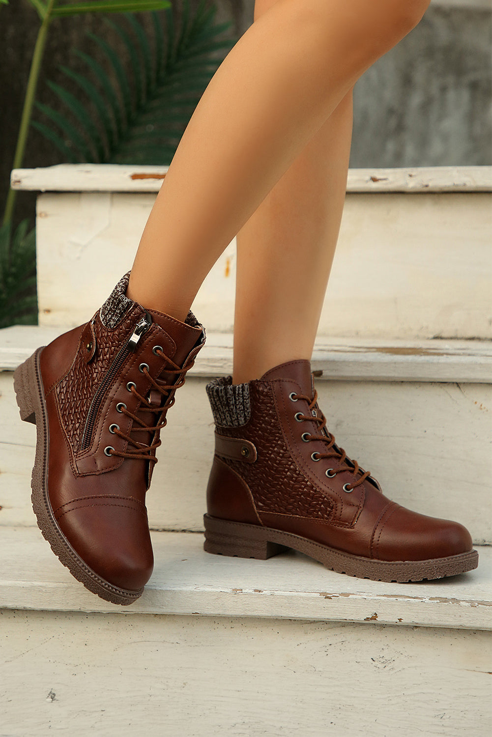 Coffee Faux Leather Mix Texture Patchwork Side Zip Lace-up Boots