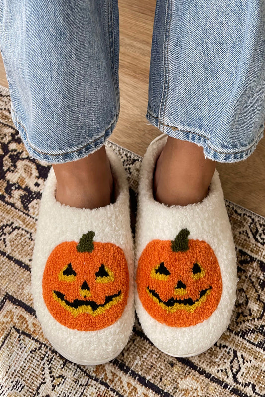 White Halloween Pumpkin Print Plush Slippers (Runs Small