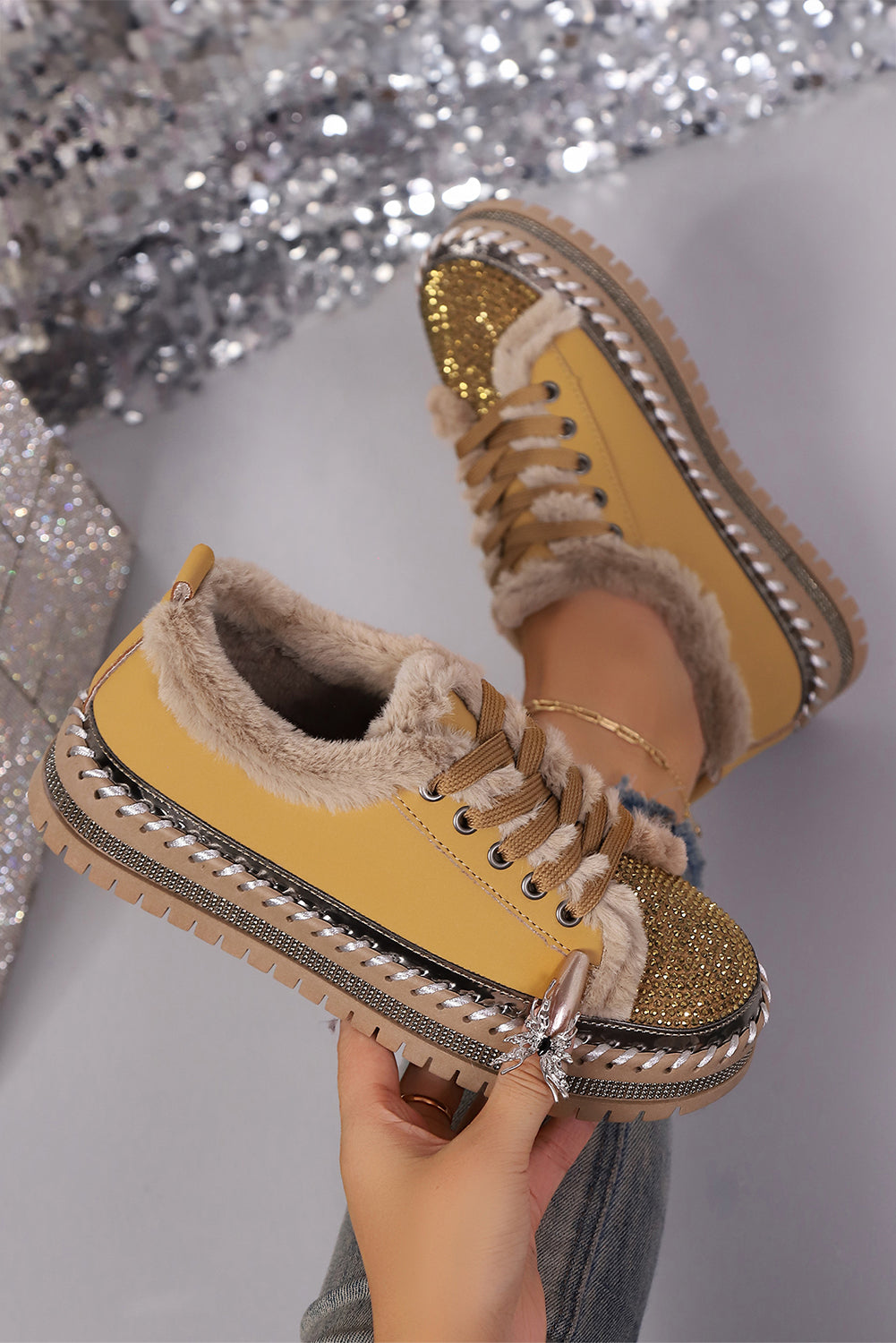 Thai Curry Rhinestone Embellished Faux Fur Lining Lace-Up Flat Shoes