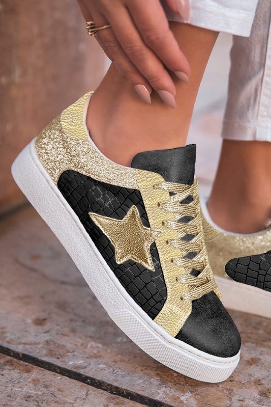 Rose Gold Glitter Star Patchwork PU Leather Lace-up Sneakers