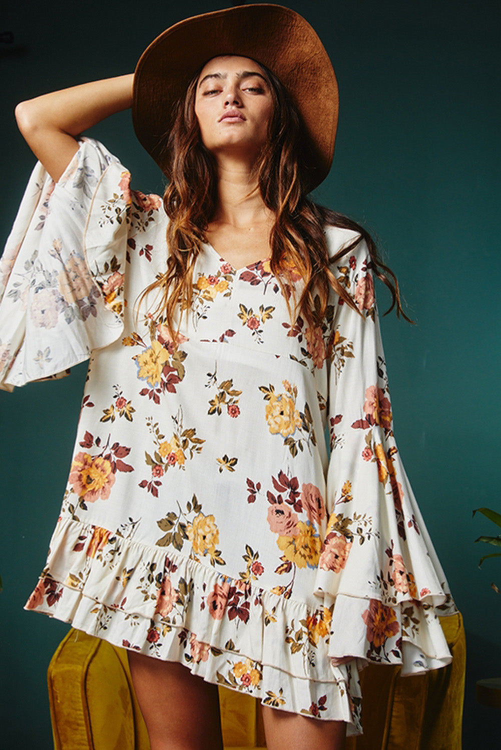 White Printed Floral Print Layered Sleeve Mini Dress