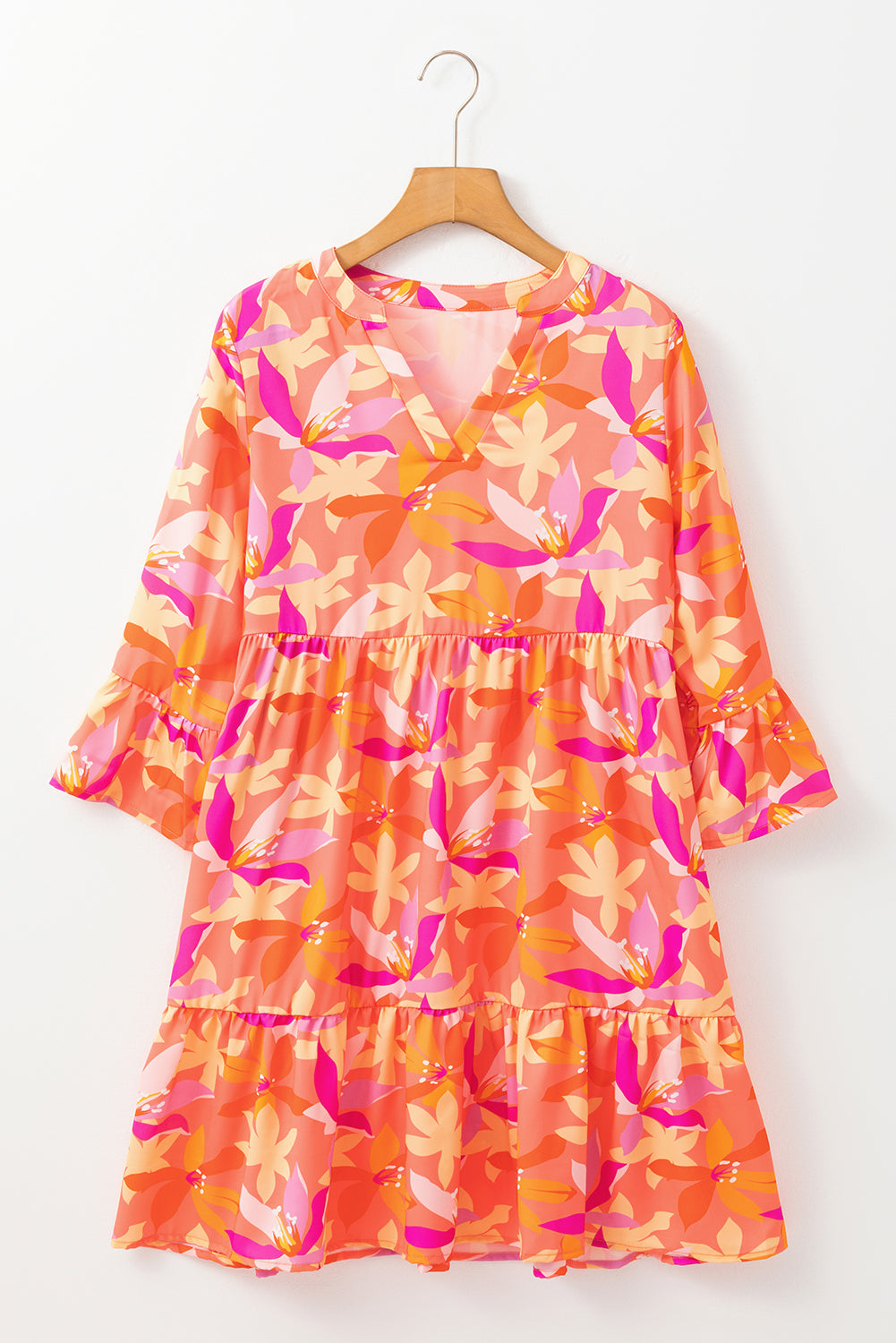 Orange Abstract Print Ruffled Sleeve V Neck Dress