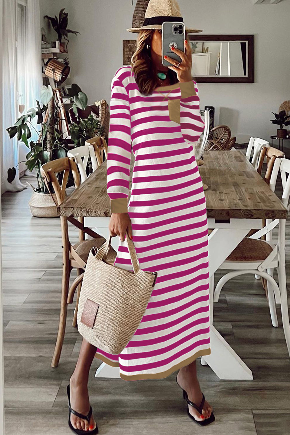 Rose Stripe Striped Print Contrast Edge Long Sleeve Midi Dress with Side Splits