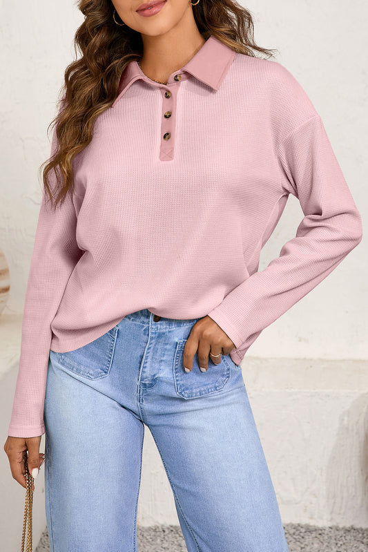 Light Pink Solid Color Long Sleeve Thermal Knit Polo Collar Patchwork Top