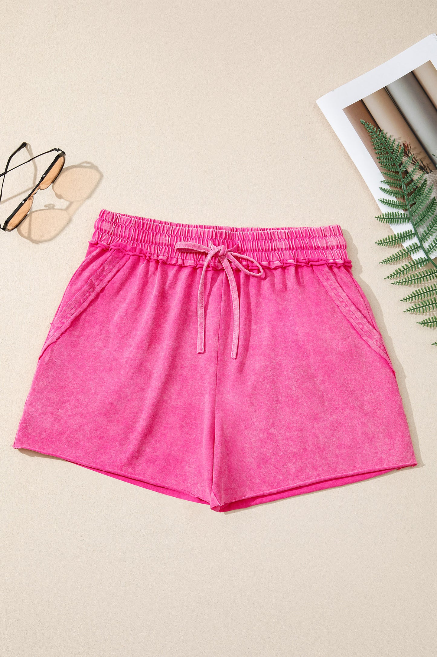 Rose Red Mineral Washed Drawstring Elastic Waist Raw Cut Shorts