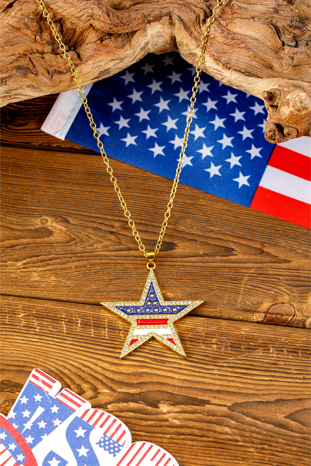 Gold Rhinestone American Flag Star Necklace