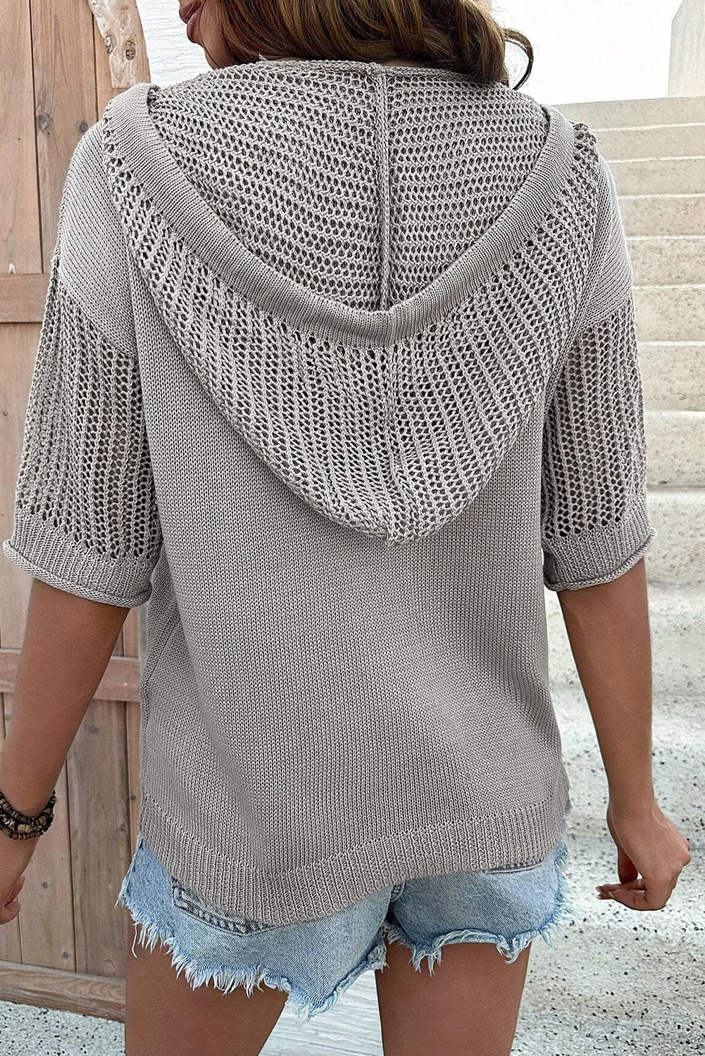 Light Grey Openwork Drawstring Hooded Short Sleeve Sweater Top